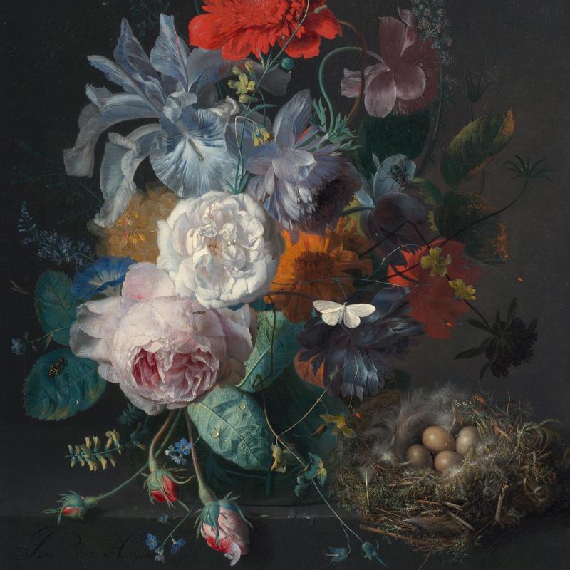 Glass Vase with Flowers, with a Poppy and a Finch Nest