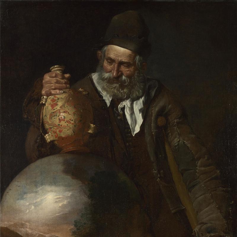 An Old Man holding a Pilgrim-Bottle